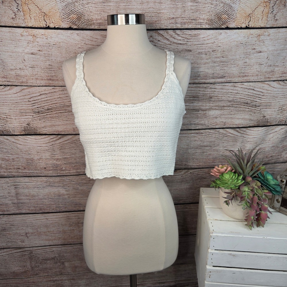 NWT Aerie White Crochet Knit Crop Tank Top Scoop Neck Sleeveless Small